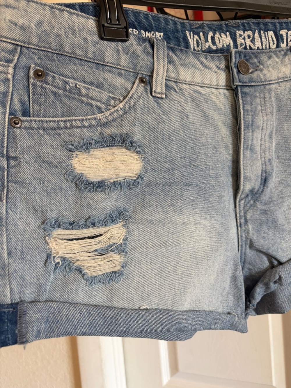 Volcom Light Wash Distressed Rolled Hem Denim Shorts